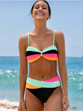 Popvil color block knot front bikini top and matching bottoms NWT